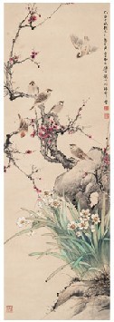 颜伯龙 1949年作 枝头闹雀 立轴